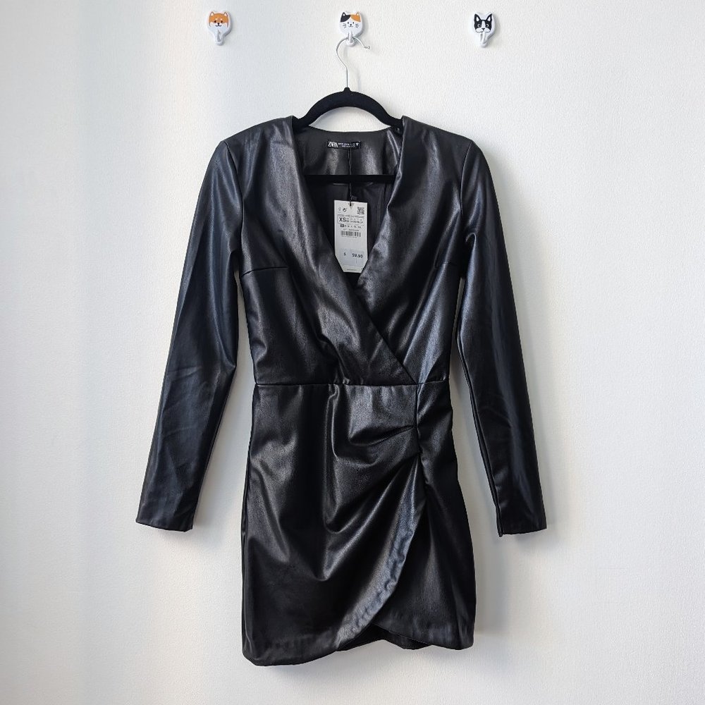 NWT XS Zara Black Faux Leather Mini Dress